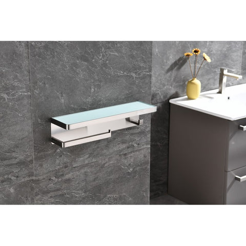 Image of Lexora Bagno Bianca Stainless Steel White Glass Shelf w/ Towel Bar & Robe Hook - Brushed Nickel | LSTR18152BNWG
