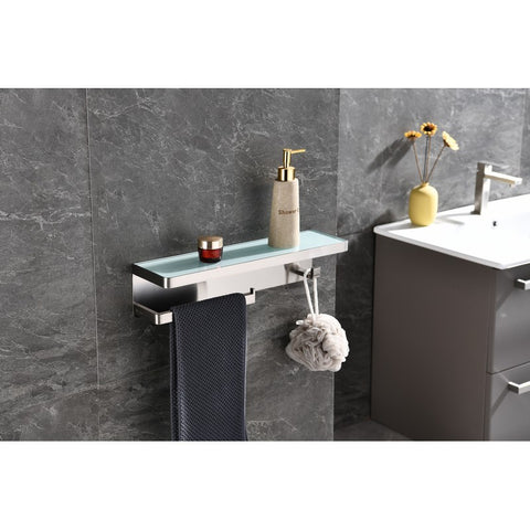 Image of Lexora Bagno Bianca Stainless Steel White Glass Shelf w/ Towel Bar & Robe Hook - Brushed Nickel | LSTR18152BNWG