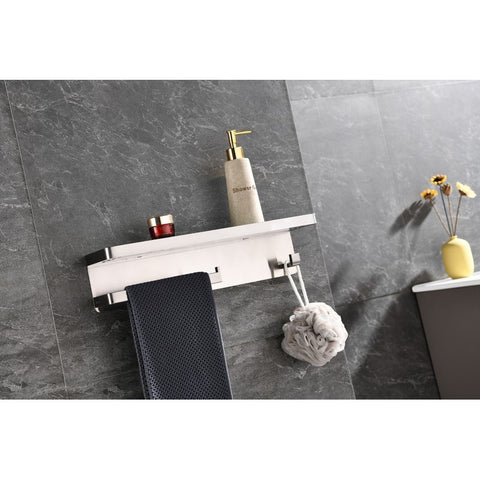 Image of Lexora Bagno Bianca Stainless Steel White Glass Shelf w/ Towel Bar & Robe Hook - Brushed Nickel | LSTR18152BNWG