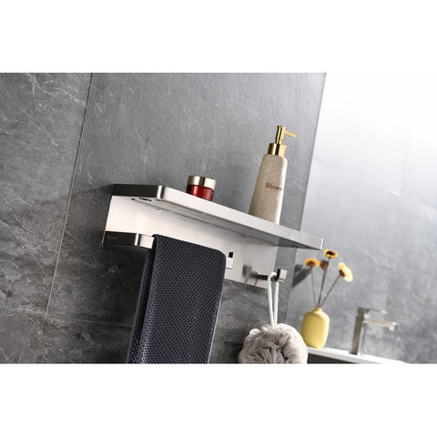 Image of Lexora Bagno Bianca Stainless Steel White Glass Shelf w/ Towel Bar & Robe Hook - Brushed Nickel | LSTR18152BNWG