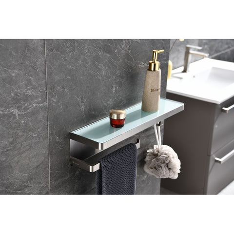 Image of Lexora Bagno Bianca Stainless Steel White Glass Shelf w/ Towel Bar & Robe Hook - Brushed Nickel | LSTR18152BNWG