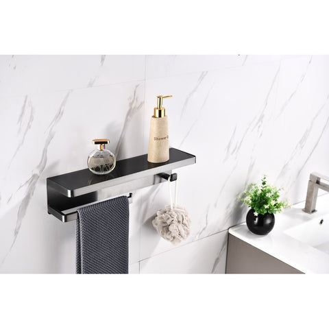 Image of Bagno Bianca Stainless Steel Black Glass Shelf w/ Towel Bar & Robe Hook - Gun Metal | LSTR18152GMBG