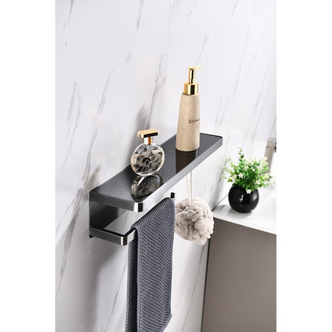 Image of Bagno Bianca Stainless Steel Black Glass Shelf w/ Towel Bar & Robe Hook - Gun Metal | LSTR18152GMBG