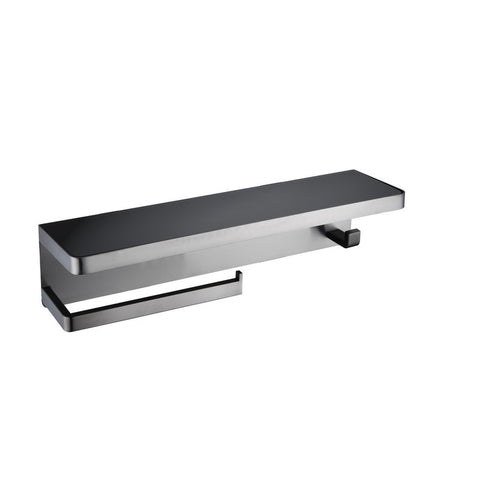 Image of Bagno Bianca Stainless Steel Black Glass Shelf w/ Towel Bar & Robe Hook - Gun Metal | LSTR18152GMBG
