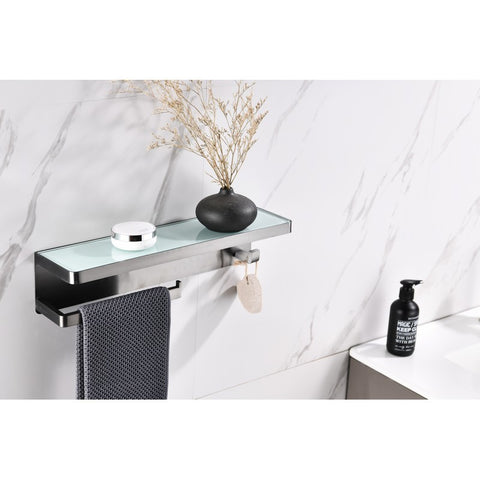 Image of Lexora Bagno Bianca Stainless Steel White Glass Shelf w/ Towel Bar & Robe Hook - Gun Metal | LSTR18152GMWG