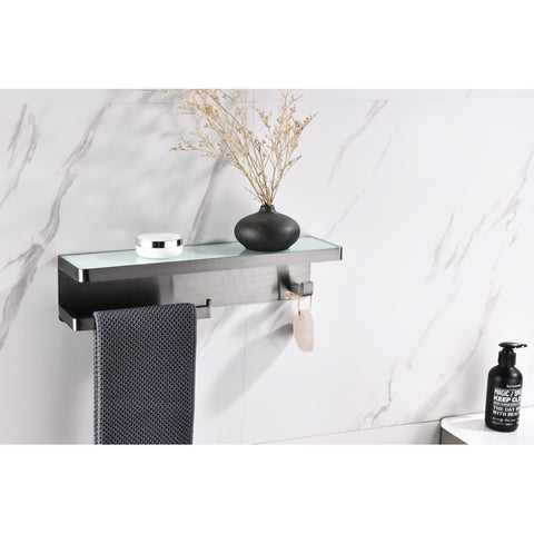 Image of Lexora Bagno Bianca Stainless Steel White Glass Shelf w/ Towel Bar & Robe Hook - Gun Metal | LSTR18152GMWG