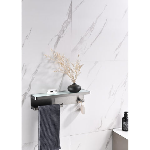 Image of Lexora Bagno Bianca Stainless Steel White Glass Shelf w/ Towel Bar & Robe Hook - Gun Metal | LSTR18152GMWG