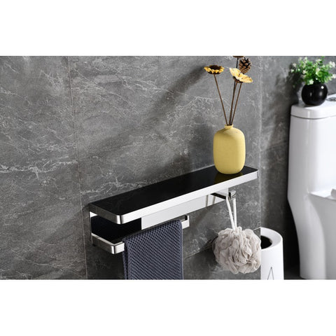 Image of Lexora Bagno Bianca Stainless Steel Black Glass Shelf w/ Towel Bar & Robe Hook - Chrome | LSTR18152PCBG