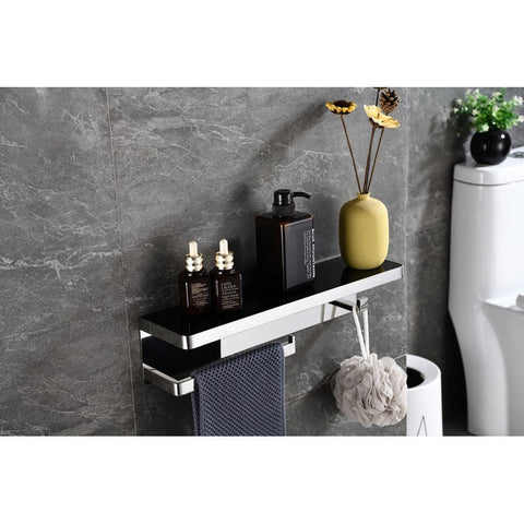 Image of Lexora Bagno Bianca Stainless Steel Black Glass Shelf w/ Towel Bar & Robe Hook - Chrome | LSTR18152PCBG