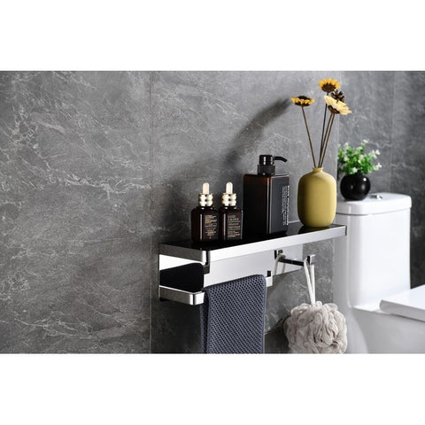 Image of Lexora Bagno Bianca Stainless Steel Black Glass Shelf w/ Towel Bar & Robe Hook - Chrome | LSTR18152PCBG