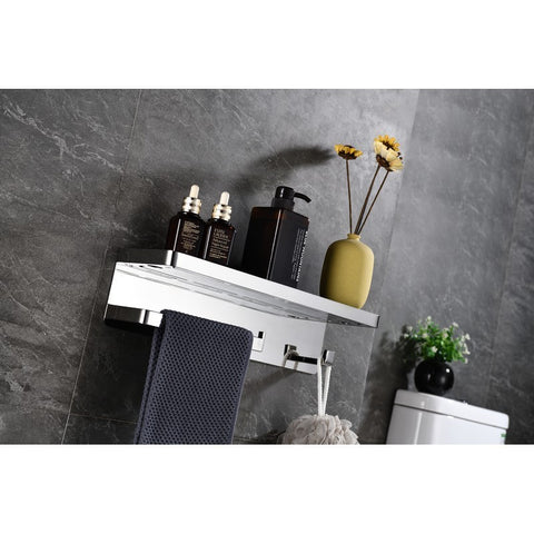 Image of Lexora Bagno Bianca Stainless Steel Black Glass Shelf w/ Towel Bar & Robe Hook - Chrome | LSTR18152PCBG