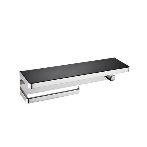 Image of Lexora Bagno Bianca Stainless Steel Black Glass Shelf w/ Towel Bar & Robe Hook - Chrome | LSTR18152PCBG