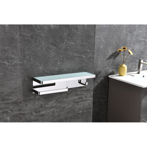 Image of Lexora Bagno Bianca Stainless Steel White Glass Shelf w/ Towel Bar & Robe Hook - Chrome | LSTR18152PCWG