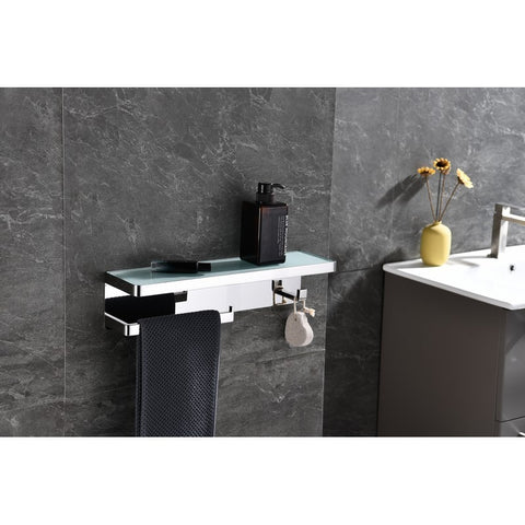 Image of Lexora Bagno Bianca Stainless Steel White Glass Shelf w/ Towel Bar & Robe Hook - Chrome | LSTR18152PCWG
