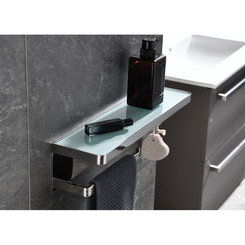Image of Lexora Bagno Bianca Stainless Steel White Glass Shelf w/ Towel Bar & Robe Hook - Chrome | LSTR18152PCWG