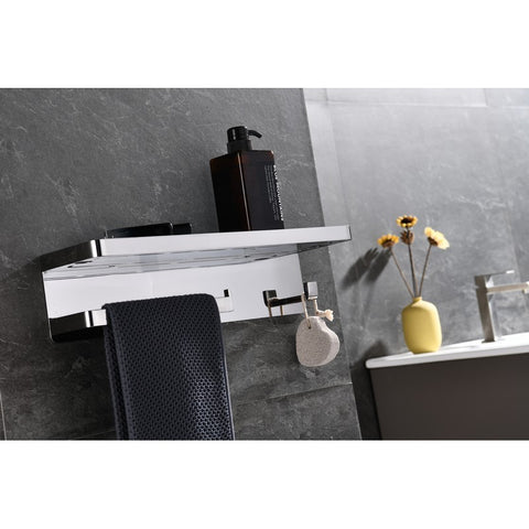 Image of Lexora Bagno Bianca Stainless Steel White Glass Shelf w/ Towel Bar & Robe Hook - Chrome | LSTR18152PCWG