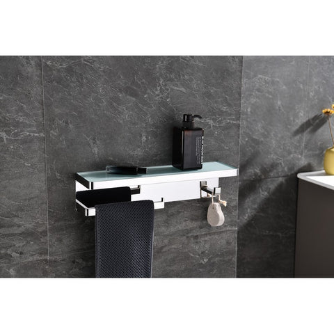 Image of Lexora Bagno Bianca Stainless Steel White Glass Shelf w/ Towel Bar & Robe Hook - Chrome | LSTR18152PCWG