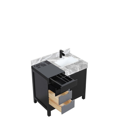 Image of Zilara 36" Black and Grey Vanity, Castle Grey Marble Top, and Cascata Nera Matte Black Faucet Set | LZ342236SLISFCM