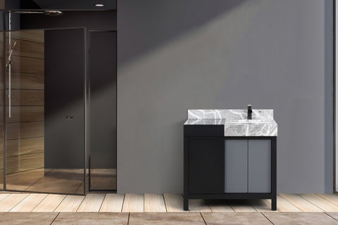 Image of Zilara 36" Black and Grey Vanity, Castle Grey Marble Top, and Cascata Nera Matte Black Faucet Set | LZ342236SLISFCM