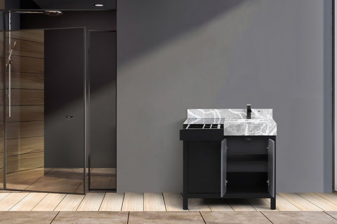 Image of Zilara 36" Black and Grey Vanity, Castle Grey Marble Top, and Cascata Nera Matte Black Faucet Set | LZ342236SLISFCM
