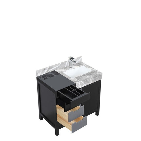 Image of Zilara 36" Black and Grey Vanity, Castle Grey Marble Top, and Monte Chrome Faucet Set | LZ342236SLISFMC