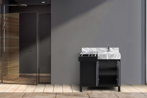 Image of Zilara 36" Black and Grey Vanity, Castle Grey Marble Top, and Monte Chrome Faucet Set | LZ342236SLISFMC