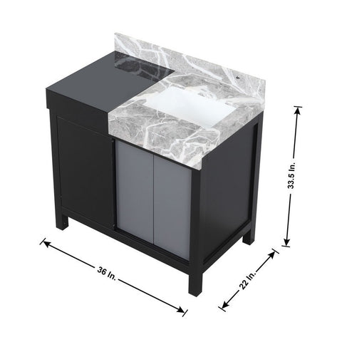 Image of Zilara 36" Black and Grey Vanity Set, Marble Top, Cascata Nera Matte Black Faucet Set | LZ342236SLISM30FCM
