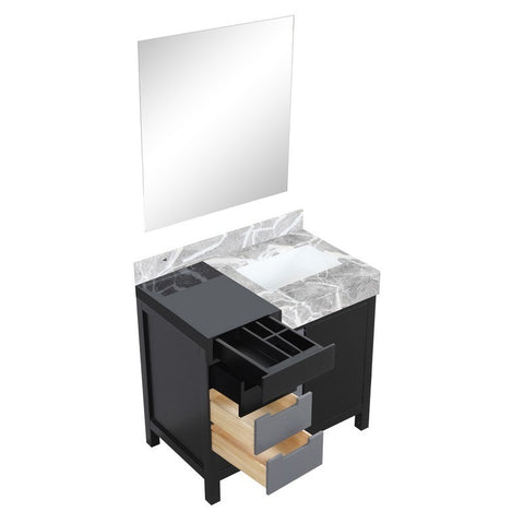 Image of Zilara 36" Black and Grey Vanity, Castle Grey Marble Top, and 30" Frameless Mirror | LZ342236SLISM30