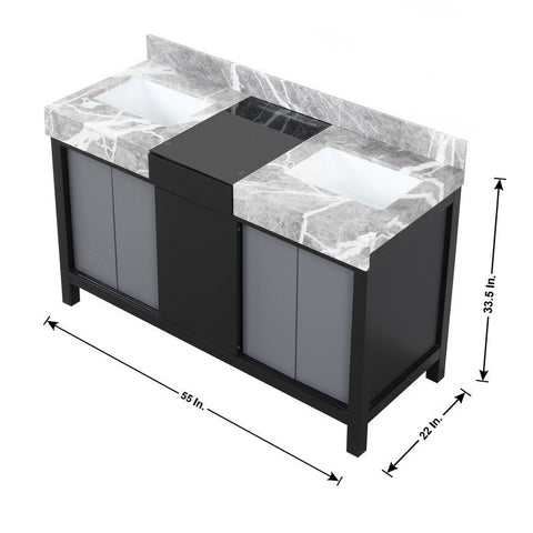 Image of Zilara 55" Black and Grey Double Vanity, Marble Top, and Balzani Gun Metal Faucet Set | LZ342255SLISFBG