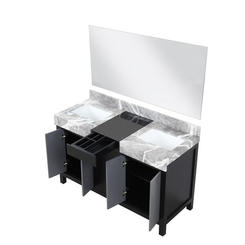 Image of Zilara 55" Black and Grey Double Vanity, Castle Grey Marble Top, and 30" Frameless Mirror | LZ342255SLISM53