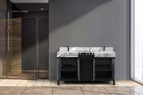 Image of Zilara 60" Black and Grey Double Vanity, Marble Top, and Balzani Gun Metal Faucet Set | LZ342260DLISFBG