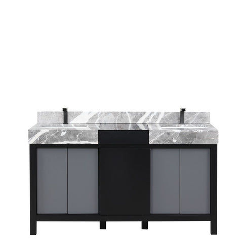 Image of Zilara 60" Black and Grey Double Vanity, Marble Top, and Balzani Gun Metal Faucet Set | LZ342260DLISFBG