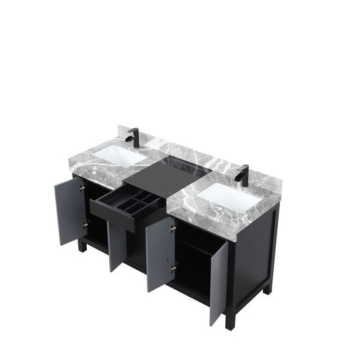 Image of Zilara 60" Black and Grey Double Vanity, Marble Top, and Cascata Nera Matte Black Faucet Set | LZ342260DLISFCM