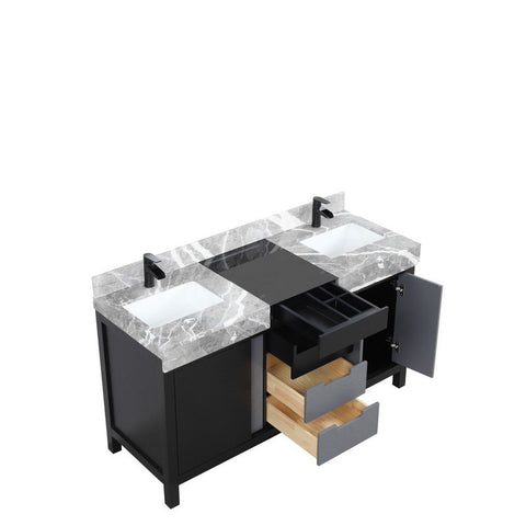 Image of Zilara 60" Black and Grey Double Vanity, Marble Top, and Cascata Nera Matte Black Faucet Set | LZ342260DLISFCM