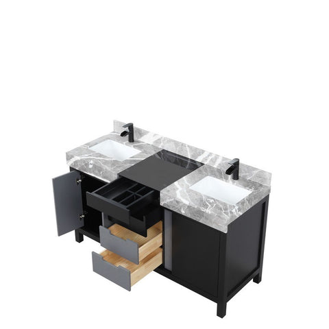 Image of Zilara 60" Black and Grey Double Vanity, Marble Top, and Cascata Nera Matte Black Faucet Set | LZ342260DLISFCM