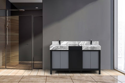 Image of Zilara 60" Black and Grey Double Vanity, Marble Top, and Cascata Nera Matte Black Faucet Set | LZ342260DLISFCM