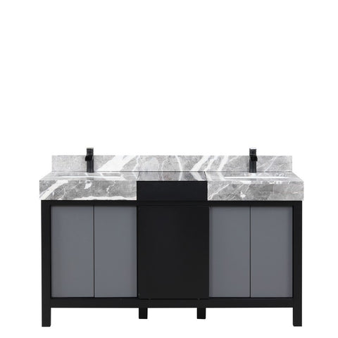 Image of Zilara 60" Black and Grey Double Vanity, Marble Top, and Cascata Nera Matte Black Faucet Set | LZ342260DLISFCM