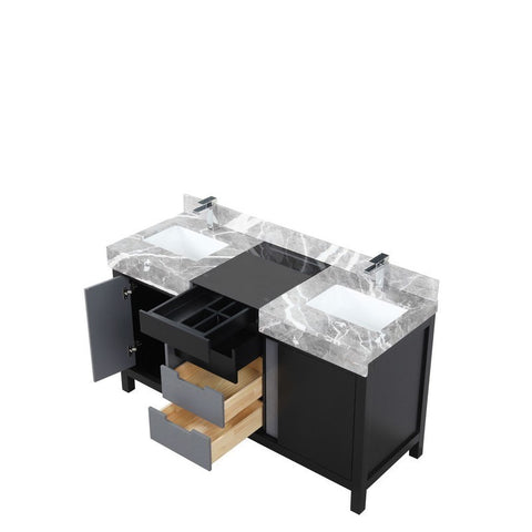 Image of Zilara 60" Black and Grey Vanity, Castle Grey Marble Top, and Monte Chrome Faucet Set | LZ342260DLISFMC
