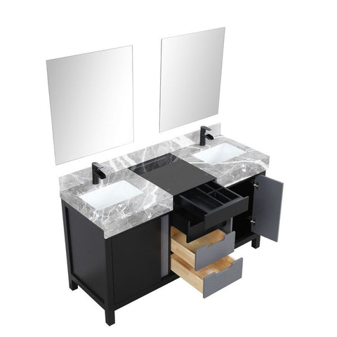Image of Zilara 60" Black and Grey Double Vanity Set, Marble Top, Cascata Nera Matte Black Faucet Set | LZ342260DLISM28FCM