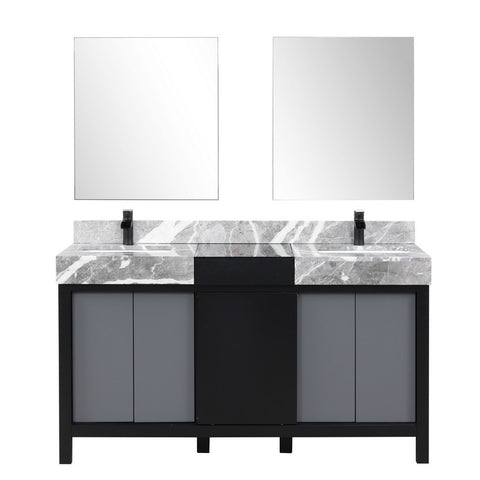 Image of Zilara 60" Black and Grey Double Vanity Set, Marble Top, Cascata Nera Matte Black Faucet Set | LZ342260DLISM28FCM