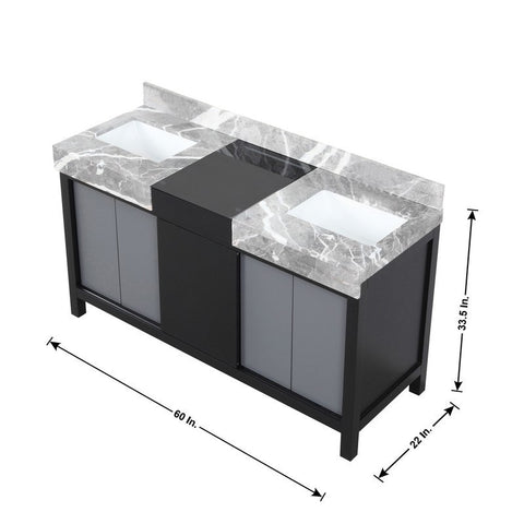 Image of Zilara 60" Black and Grey Double Vanity Set, Marble Top, Monte Chrome Faucet Set | LZ342260DLISM28FMC