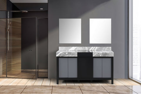 Image of Zilara 60" Black and Grey Double Vanity, Castle Grey Marble Top, and 28" Frameless Mirror | LZ342260DLISM28