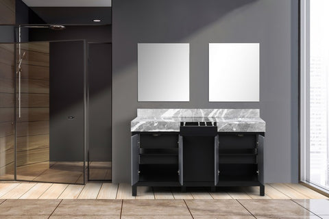Image of Zilara 60" Black and Grey Double Vanity, Castle Grey Marble Top, and 28" Frameless Mirror | LZ342260DLISM28