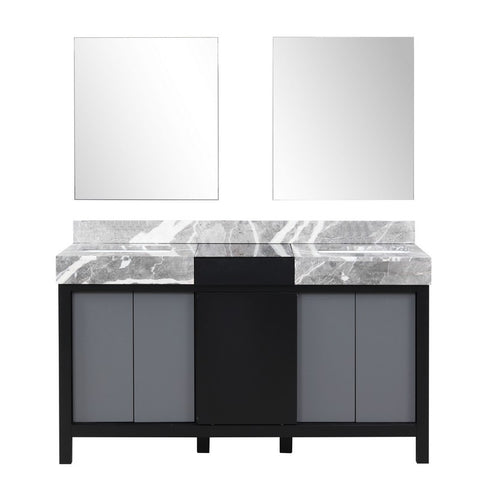 Image of Zilara 60" Black and Grey Double Vanity, Castle Grey Marble Top, and 28" Frameless Mirror | LZ342260DLISM28