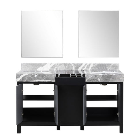 Image of Zilara 60" Black and Grey Double Vanity, Castle Grey Marble Top, and 28" Frameless Mirror | LZ342260DLISM28
