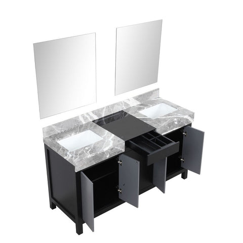 Image of Zilara 60" Black and Grey Double Vanity, Castle Grey Marble Top, and 28" Frameless Mirror | LZ342260DLISM28
