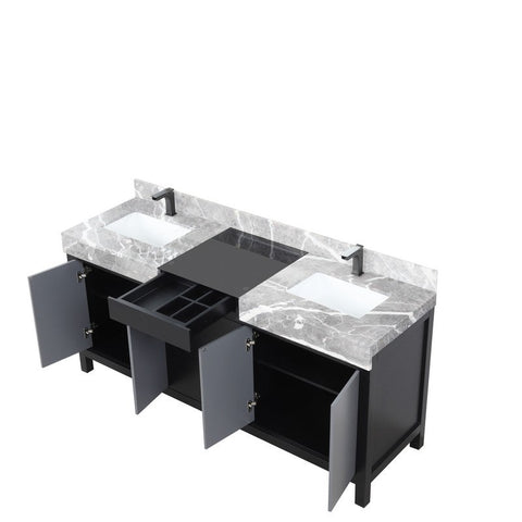 Image of Zilara 72" Black and Grey Double Vanity, Marble Top, and Balzani Gun Metal Faucet Set | LZ342272DLISFBG