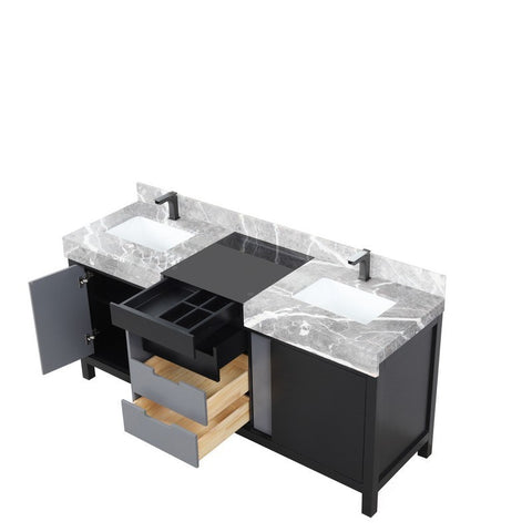 Image of Zilara 72" Black and Grey Double Vanity, Marble Top, and Balzani Gun Metal Faucet Set | LZ342272DLISFBG