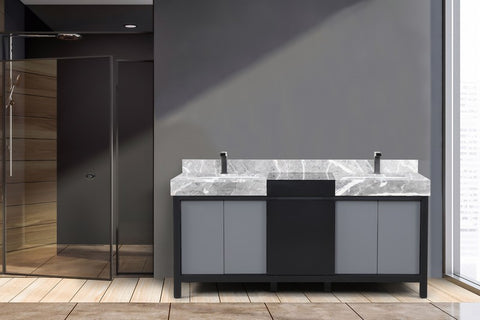 Image of Zilara 72" Black and Grey Double Vanity, Marble Top, and Balzani Gun Metal Faucet Set | LZ342272DLISFBG