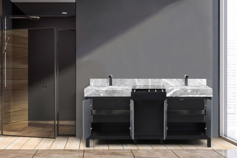 Image of Zilara 72" Black and Grey Double Vanity, Marble Top, and Balzani Gun Metal Faucet Set | LZ342272DLISFBG